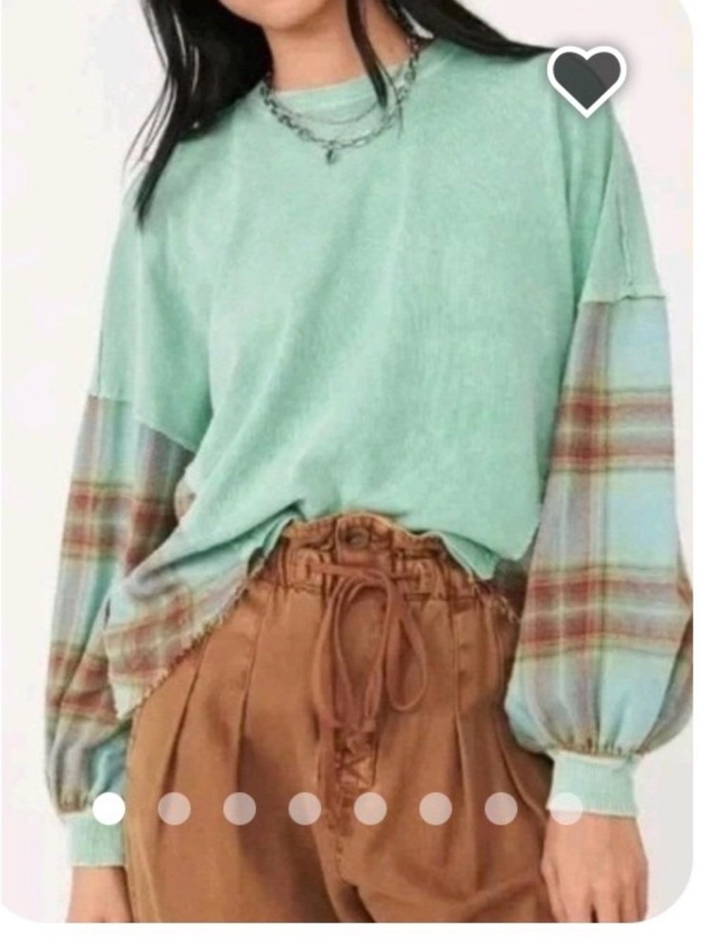 Free People Mint Green Pullover with Plaid Balloon Sleeves